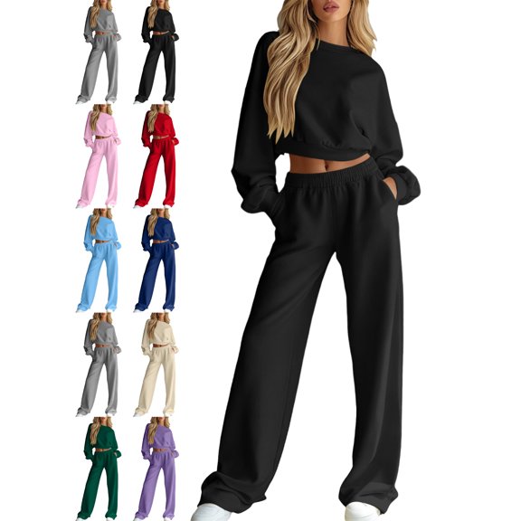 Tracksuit Sets for Women Casual Matching 2 Piece Outfit for Women Crewneck Long Sleeve Cropped Pullover Wide Leg Pants Set