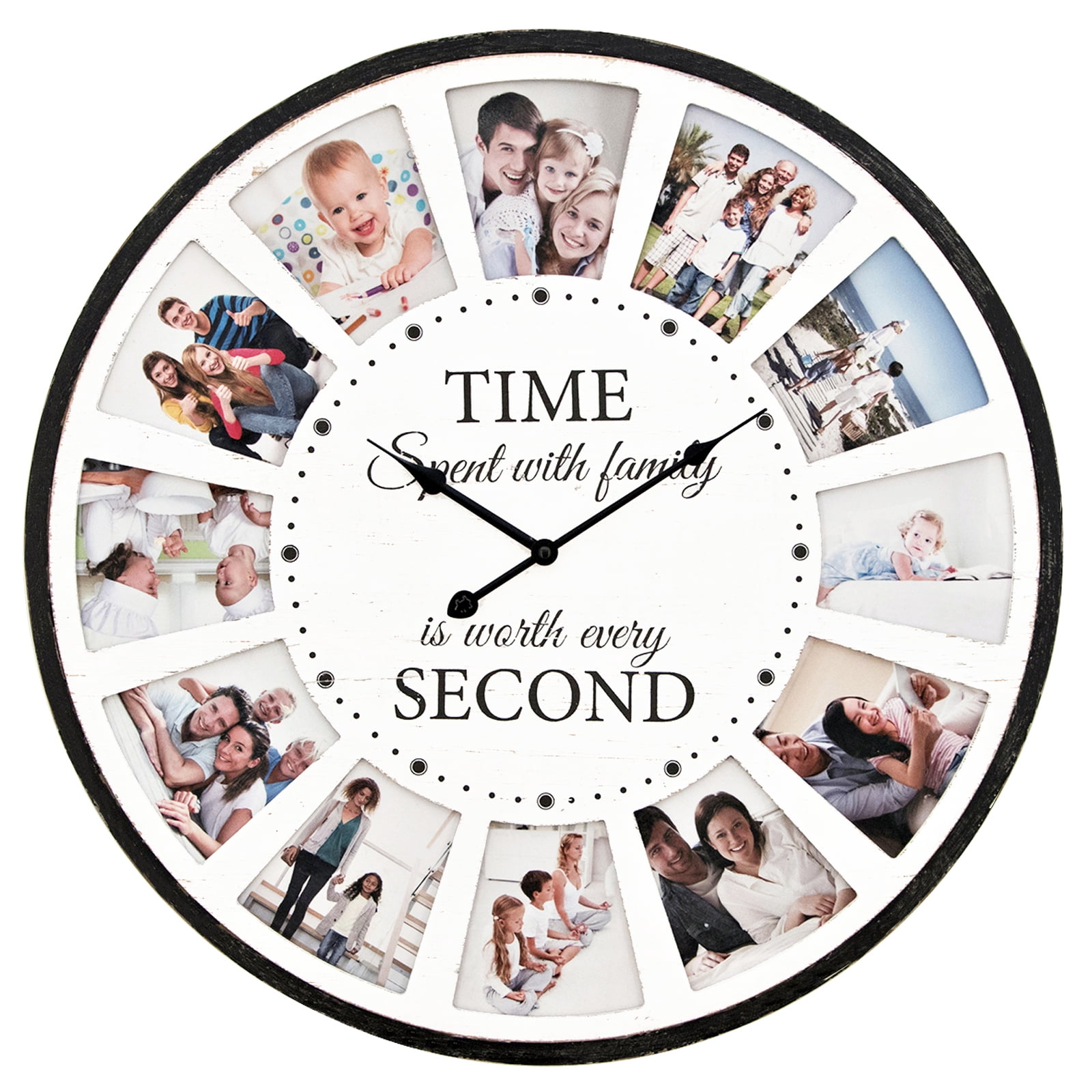 MODE HOME 12 Photo Collage Family Quote Wood Wall Clock, Rustic Farmhouse Wall Clock, Large Oversized Wall Clock for Home, Kitchen, Living Room, Silent Battery Powered 24 inch White