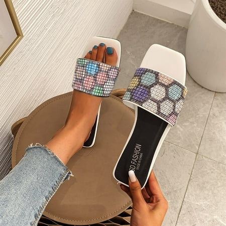 

Summer Ladies Fashion Large Size Color Rhinestone Square Toe Flat Slippers Note Please Buy One Or Two Sizes Larger