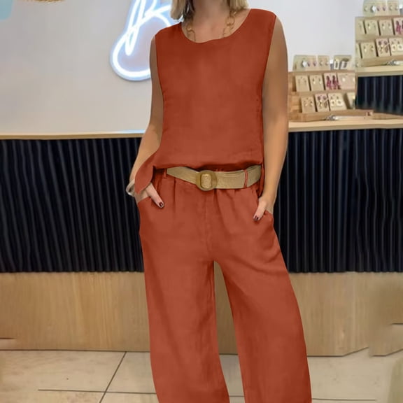 Summer 2 Piece Sets For Women Dressy Sleeveless Wide Leg Pants Solid Color And Linen Button Zipper Elastic Waist Red Vacation Outfits S-4XL
