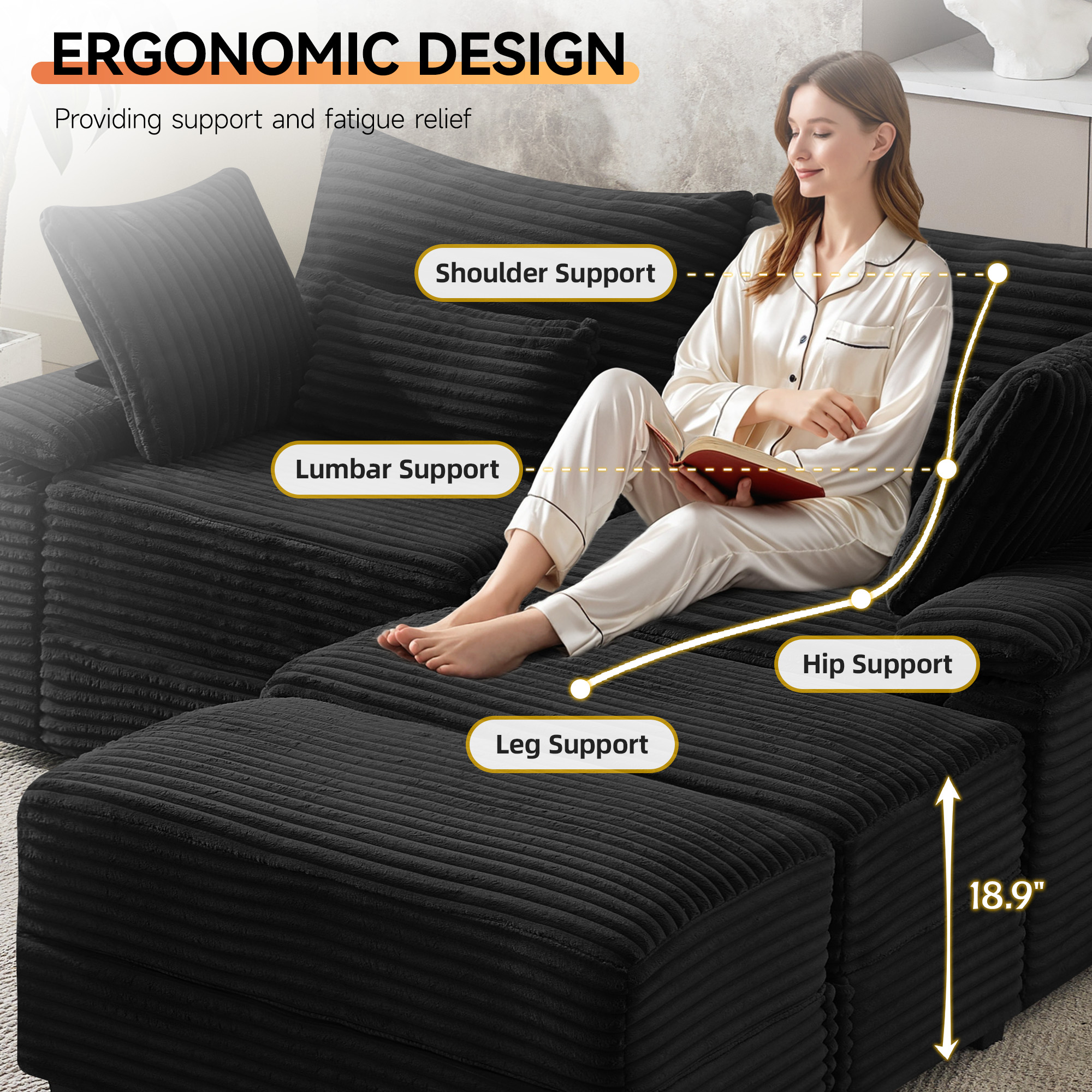 Corduroy Upholstered Sofa for Living Room,Modern Deep Seat Comfy Loveseat Couch with 2 Ottomans,Black