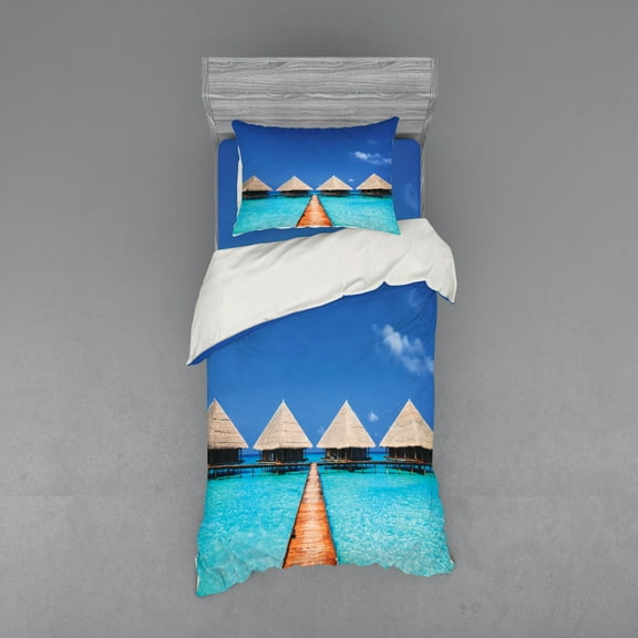Landscape Duvet Cover Set, Maldives Dock Clear Waters Tropical Nature Polynesian Design, Bedding Set with Shams and Fitted Sheet, 3 Sizes, by Ambesonne