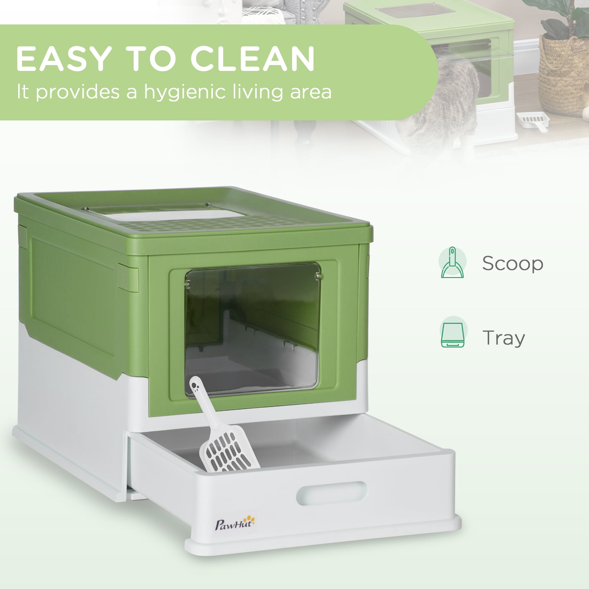 PawHut Fully Enclosed Cat Litter Box with Front Entry, Yellowish Green