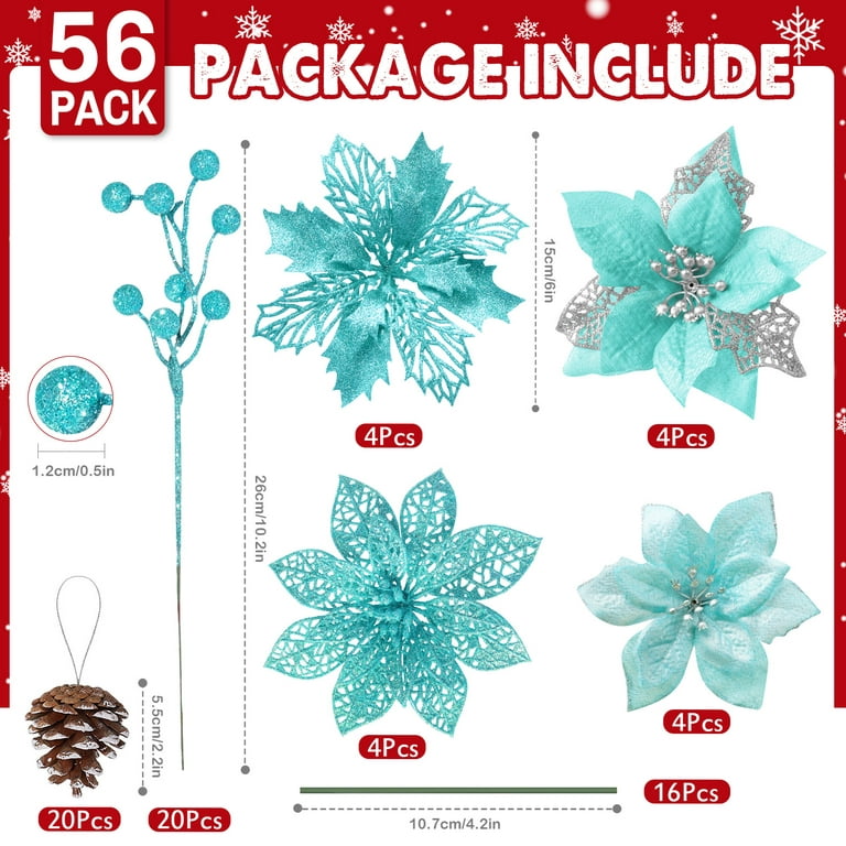 56-Piece Glitter Poinsettias Artificial Christmas Flowers with