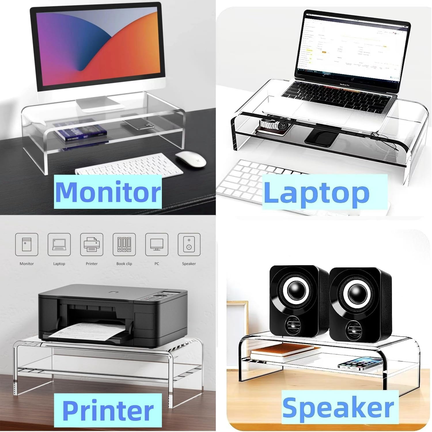 Acrylic Monitor Stand - 16/20 inch 2 Tier Riser for iMac, PC, Desktop, Laptop, TV with Storage Shelf, Home Office Desk Organizer (20in)