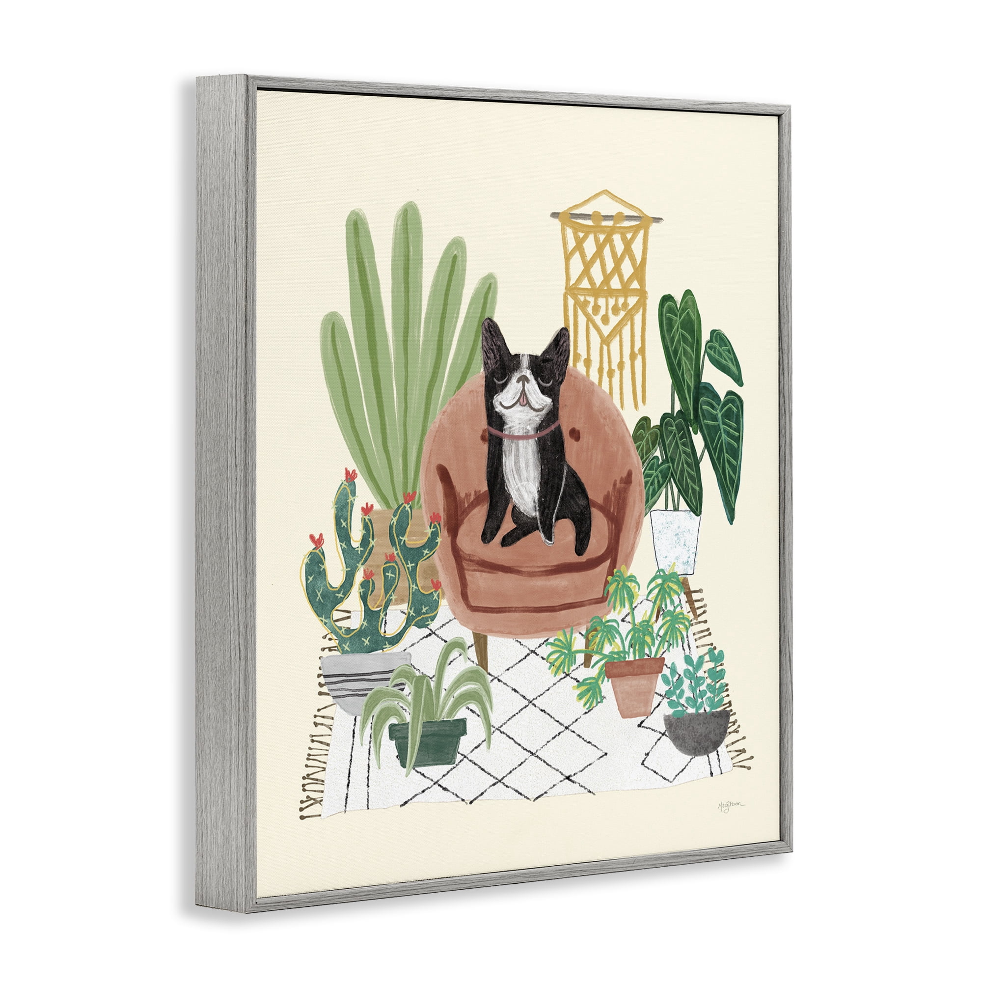 Stupell Industries Dog on Sofa with Plants Animals & Insects Painting Gray Framed Art Print Wall Art, 11 x 14