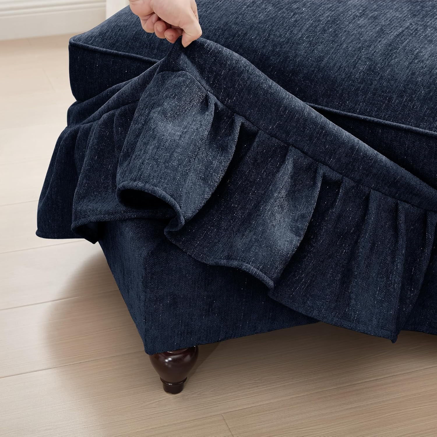 Mid Century Chenille Sectional Sofa, U Shape 3 Seat Couch with Flared Arms, Removable Ruffles Pleats Skirts, Deep Seat Sofa for Living Room, Blue