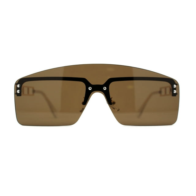 Curved Top Shield Half Rimless Rectangular Sunglasses Gold Brown