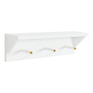 Kate and Laurel Adlynn Wood Wall Shelf with Pegs, 18 x 4 x 5, White, Functional Glam Storage Shelf with 3 Hooks