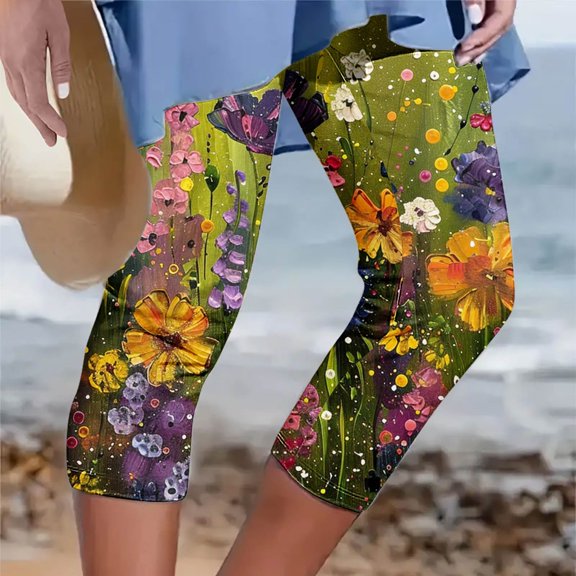 Inverlee Womens Plus Size Capri Yoga Pants Summer Trendy Floral Print Gym Leggings Casual Slim Fit Stretchy Bottoms