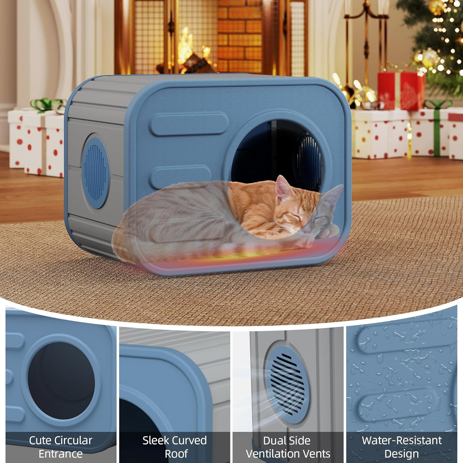 Cat Houses for Outdoor Indoor Cats, Insualted Outdoor Cat House Weatherproof with Camera-Shaped Design, Sturdy Resin Shelter for Patio, Garden Blue