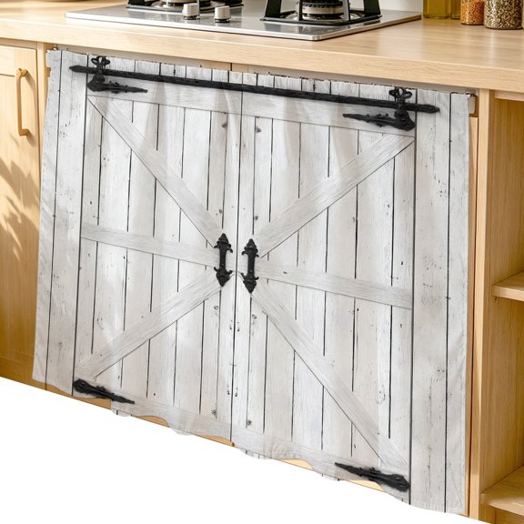 Cabinet Curtain 35''W x 35''L, Farmhouse Wood Grain Under Sink Curtain Drapes, Vintage Country Barn Gate Grey Self Adhesive Cabinet Skirt for Kitchen/Bathroom Vanity/Laundry Room/Open Shelf/Pantry