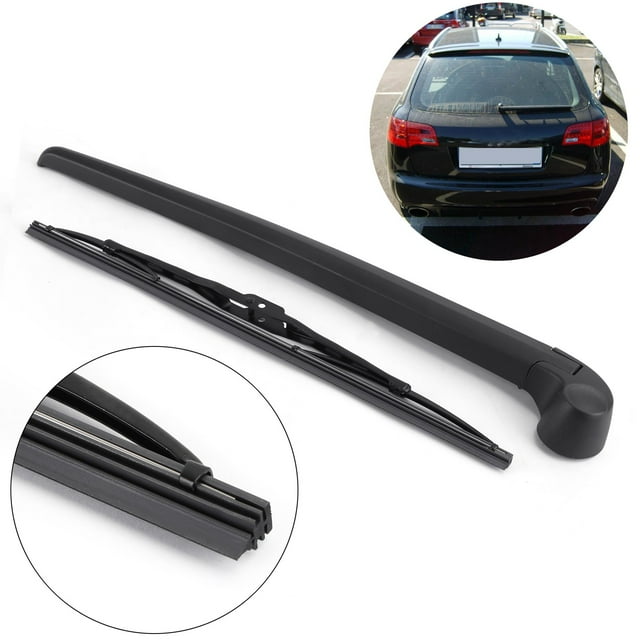 Rear Window Windshield Wiper Arm Blade for AUDI A6 (4F C6) Avant Allroad, featuring a black wiper arm made of 100% PBT with 30% Pb for enhanced durability and a surface paint treatment to resist aging. The arm measures 45.5 cm (17.91 inches) and the blade is 36 cm (14.17 inches). Designed to fit Audi A6 Allroad models from 2006-2011 and Audi A6 Avant models from 2005-2011. Includes one rear wiper arm and one rear wiper blade.