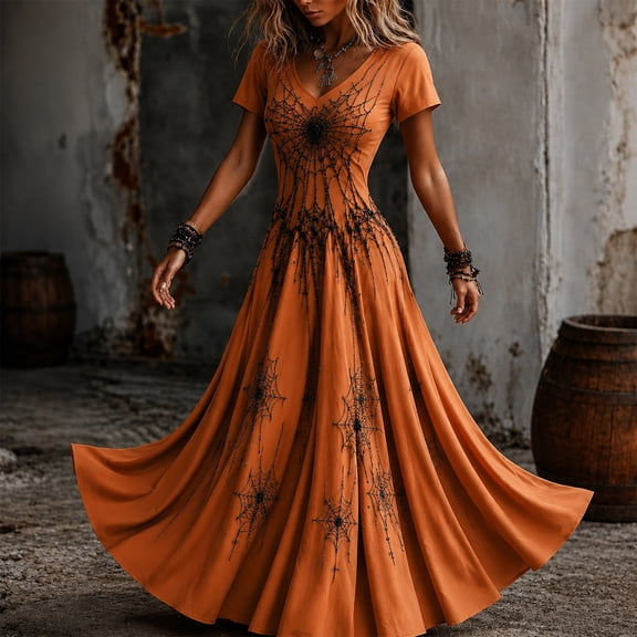 Dolkfu V-Neck Womens Fall Dresses Halloween Orange Short Sleeve Maxi-Length Evening Gown Dresses Regular Party Spider Web Printed Dresses Orange,L