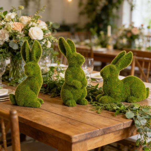 PSVFUJZ 3Pcs Green Flocked Fuzzy Bunny Figurines, Artificial Moss Easter Rabbit Decor, Springtime Home Decor for Indoor Tables , Kitchen, Shelf & Garden Decoration