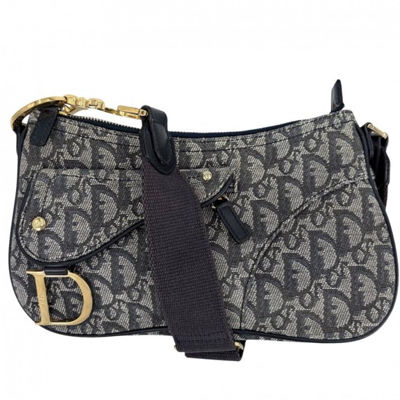 Pre-Owned Christian Dior Women's Trotter Saddle Bag Shoulder - Canvas and Leather, Navy Blue...