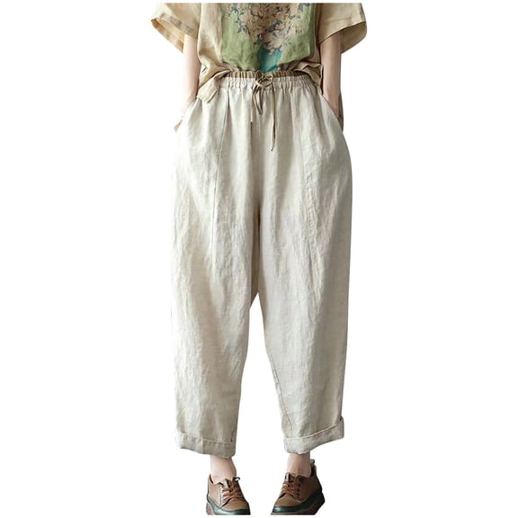 up to 60% off Gifts Usmixi Casual Trousers for Women Summer Lightweight Comfy Cotton Linen Loose Straight Pants Elastic Waist Drawstring Pocket Baggy Cropped Pants Beige l