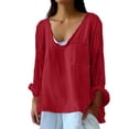 thumbnail image 3 of Women's T-Shirts Casual Loose Plus Size Long Cotton Texture Dress Basic Long Sleeve Shirts for Women Red XL, 3 of 7