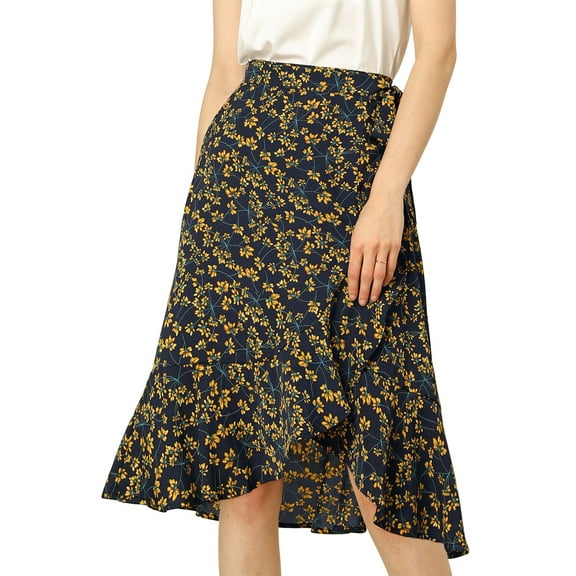Allegra K Women's Ruffle Flare Tie Waist High Low Floral Wrap Skirt