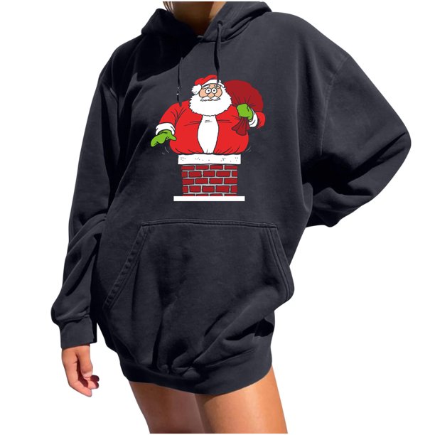 Sudadera estampada con capucha retro de manga larga suelta de Navidad para mujer con mangas caídas en los hombros Pompotops gfhjh12965
