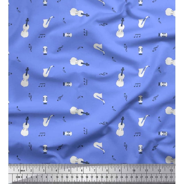 Soimoi Modal Satin Fabric Notes,Guitar & Saxophones Musical Instrument Decor Fabric Printed Yard 42 Inch Wide