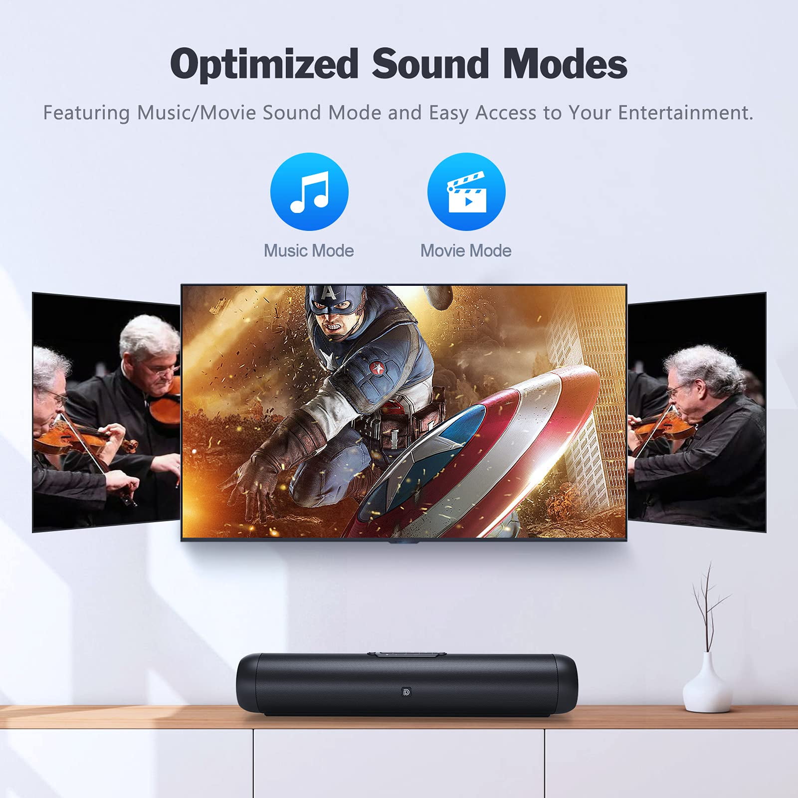 DOSS Sound Bar for TV with Dual Subwoofers, HD 3D Stereo Speaker and Midrange Drivers, Wired & Wireless Bluetooth 5.0, Three Sound Modes, Muti-Connections, Remote Control, Speaker for TV