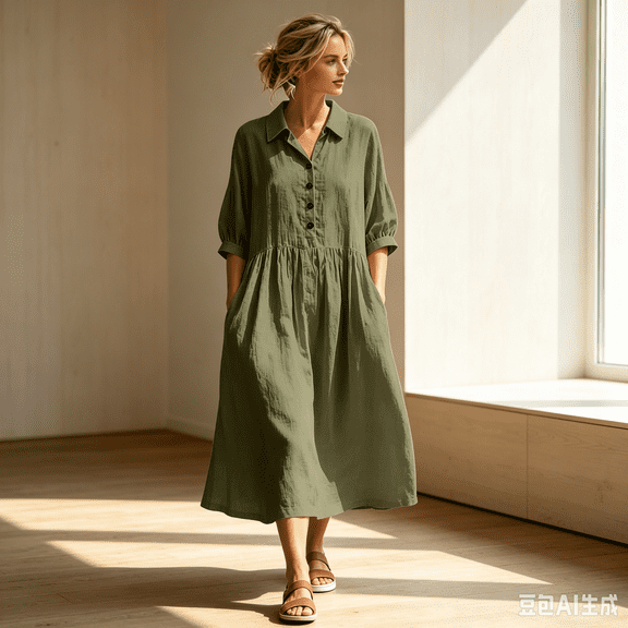 QUNYINEY Cotton Linen Women Dresses Midi A Line 3/4 Sleeve Shirt Dress Loose Fit with Pockets Collared Button Solid Dresses S-2XL