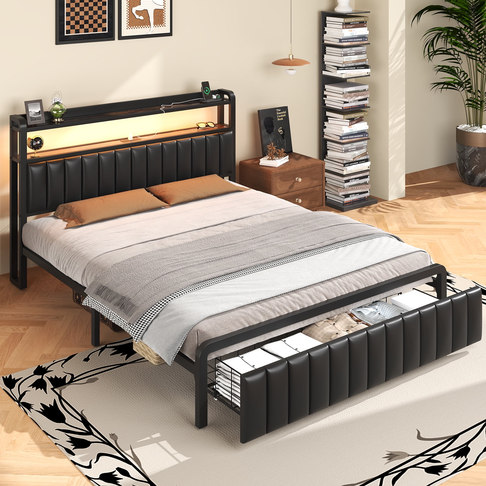 Full Size Bed Frame with LED Headboard, Metal Platform Bed with Storage Drawer, No Box Spring Needed