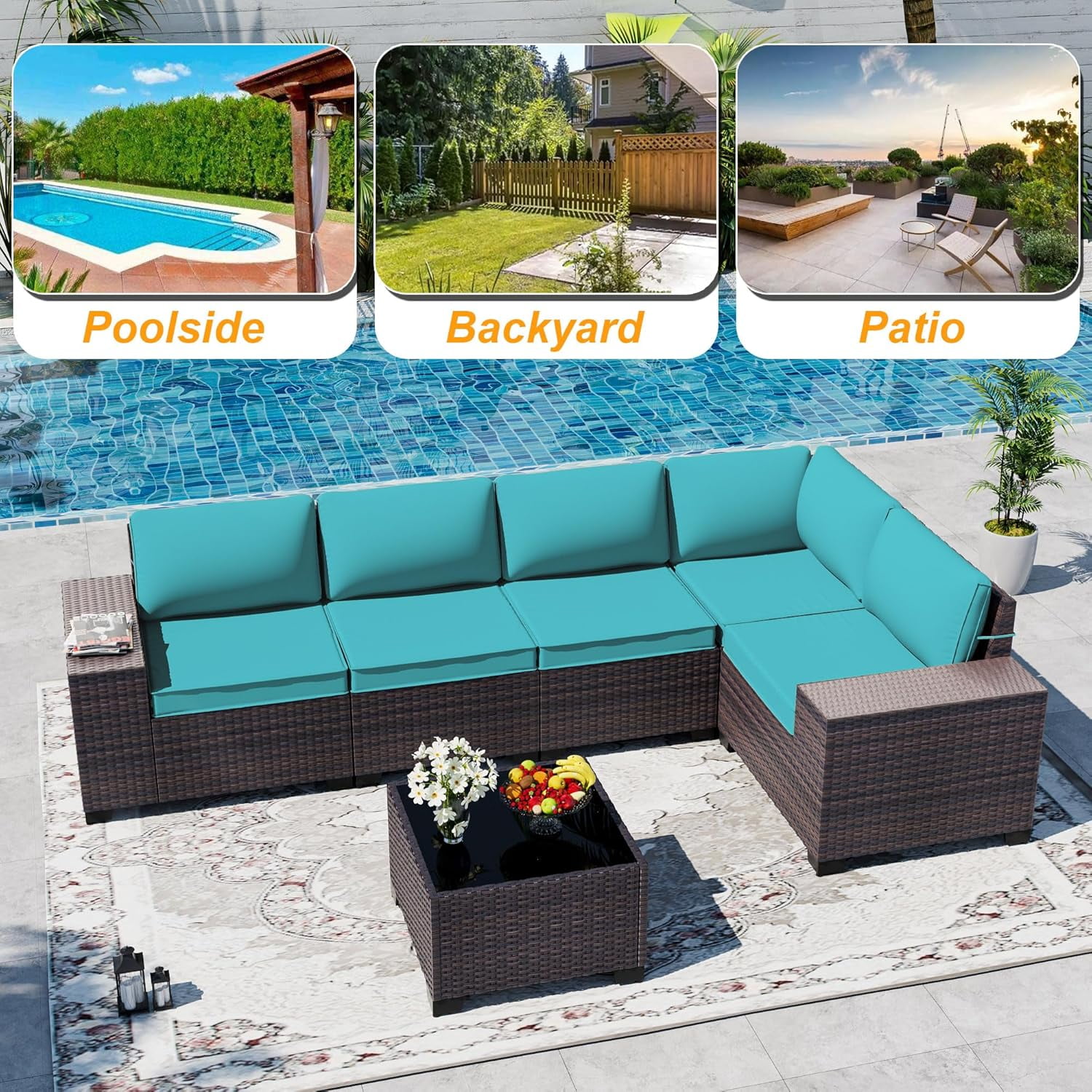 ASJMR 6 Pieces Patio Outdoor Furniture Set All-Weather Rattan Wicker Conversation Outside Sectional Sofa Chair Set with Cushions & Coffee Table,Green