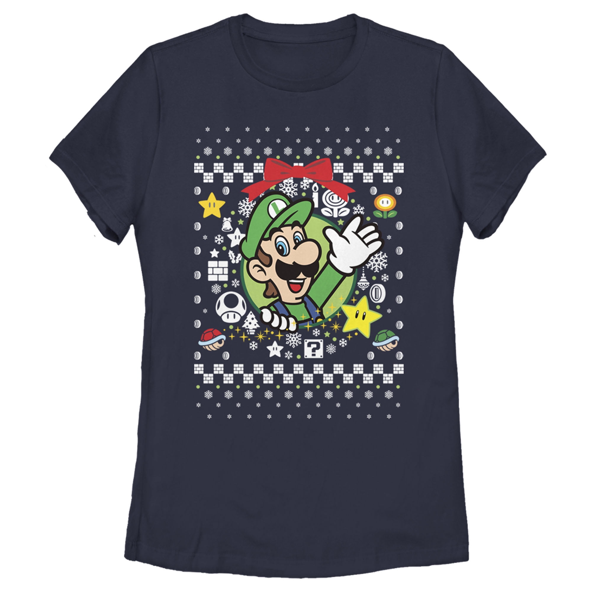 Nintendo Women's Ugly Christmas Luigi Wreath T-Shirt Blue