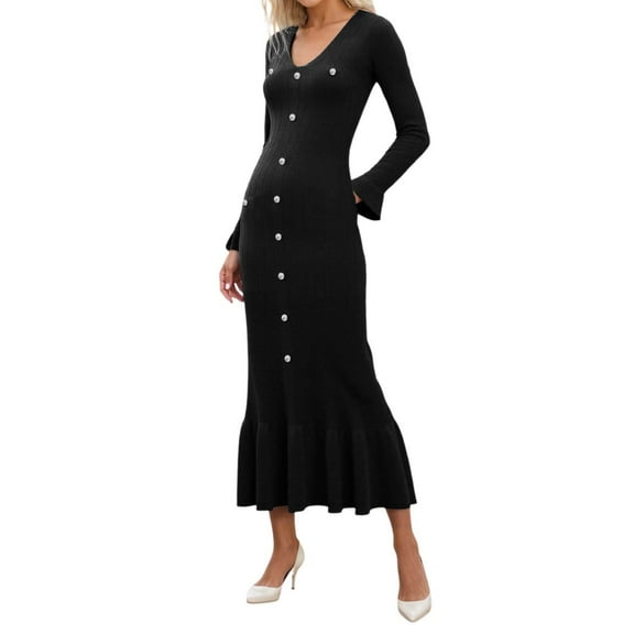 OSOLU Solid Color Women Casual Long Sleeve Knit Dress Elegant Bodycon Vacation Maxi Dress Slim Fit Winter Fall Dresses Cozy Sundress Wedding Guest Dress