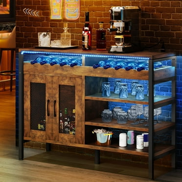 YITAHOME Wine Bar Cabinet with Power Outlets and LED Lights, Industrial Coffee Bar Cabinets for Liquor and Glasses Home Bar Kitchen Buffet Cabinet for Home Living Dining Room 47"
