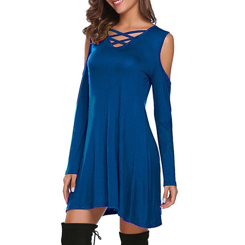 Women Solid Cross Neck Off Shoulder Long Sleeve Swing Tunic Dress Casual Dresses