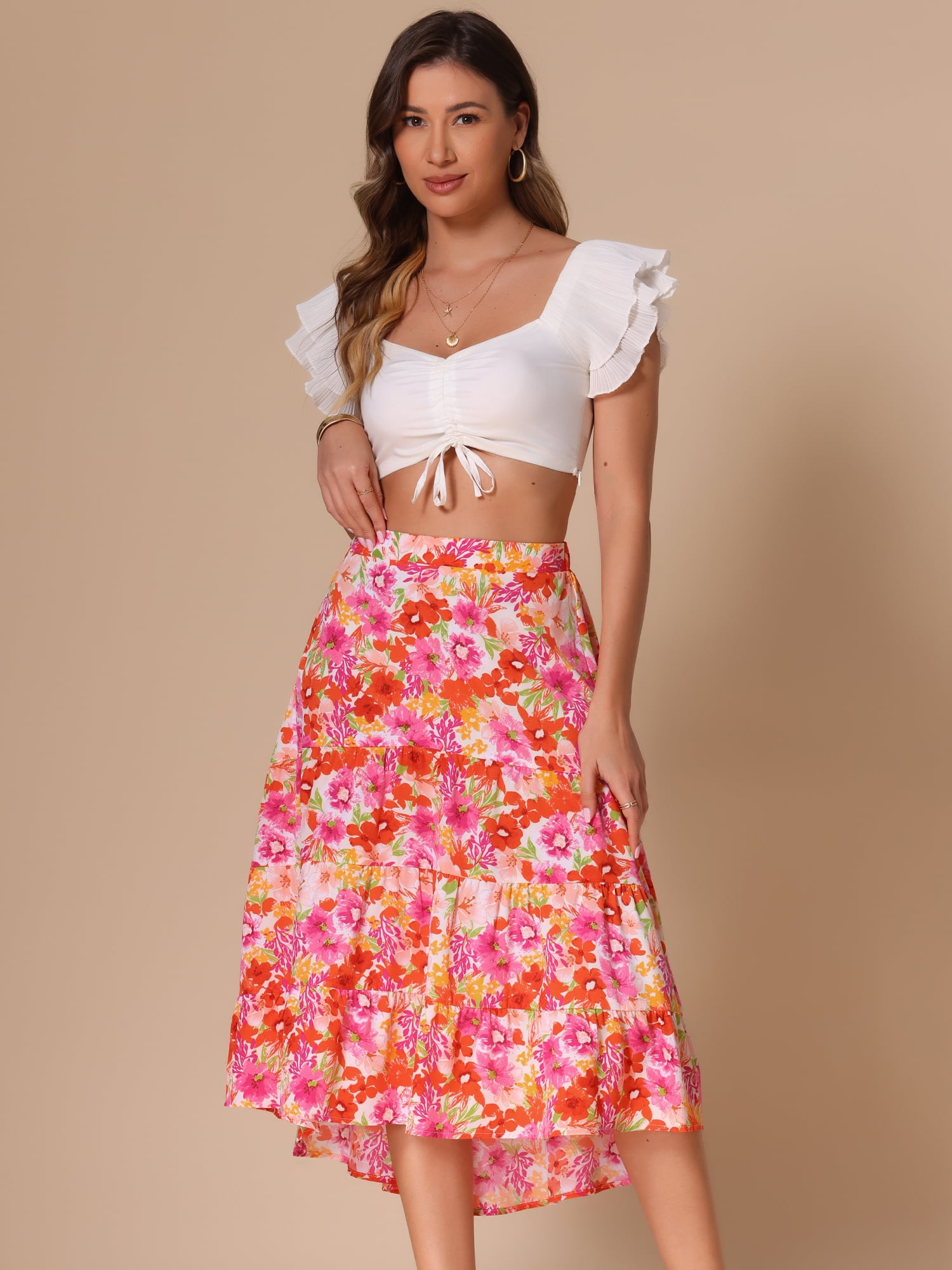 DARING DIVA Women's Boho Floral High Low Hem Elastic High Waist Midi Skirt S