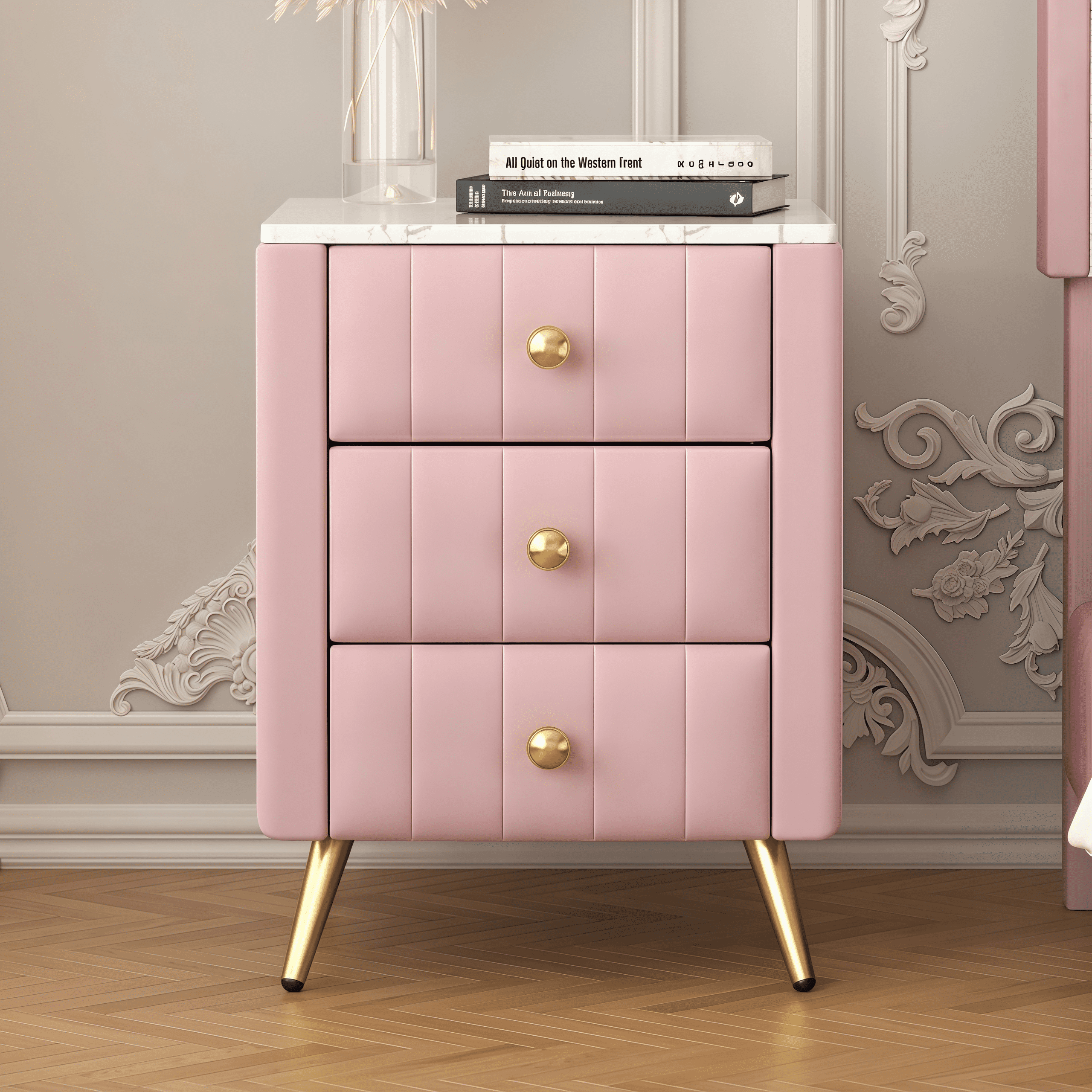Euroco Upholstered Wooden Nightstand with 3 Drawers and Metal Legs&Handles,Modern Bedside Table with Marbling Stickers Worktop for Bedroom,Pink
