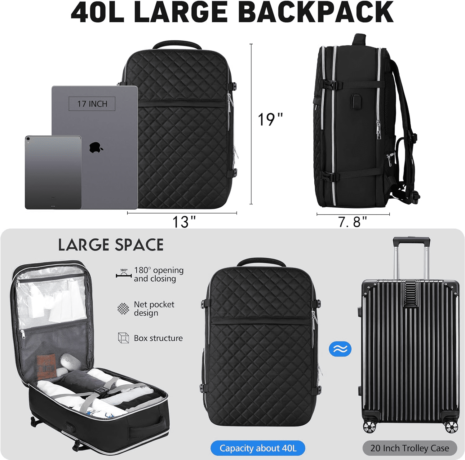 Travel Backpack For Women And Men, 40L Flight Approved Carry On Bag, Water Resistant Large Casual Daypack Fit 17 Inch Laptop with USB Charging Port, The Best Gift Choice