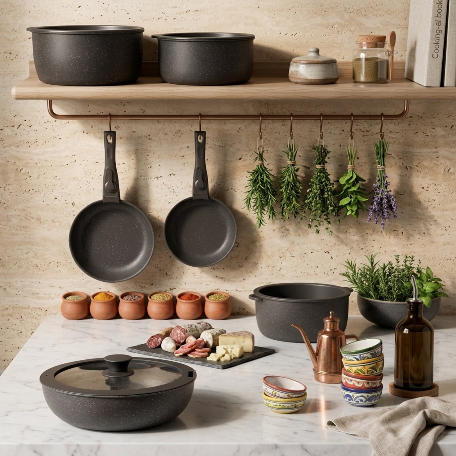 Fenbeli 18-Piece Ceramic Nonstick Cookware Set with Removable Handles, Stackable Pots and Pans, Fridge Storage Lids, Pot Protectors, Induction Compatible