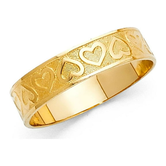 Solid 14k Yellow Gold Heart Band Love Ring Diamond Cut Polished Finish Fancy Design Genuine 5MM, Size 7