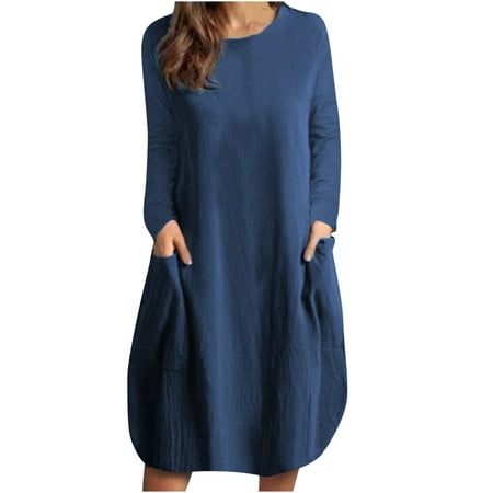 SMihono Clearance Solid Color Long Dresses for Women Fashion Casual Crew Neck Long Sleeve Cotton Linen Mid Calf Dresses for Women Pocket Female Outwear Navy L