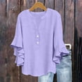 thumbnail image 2 of mihongmao Summer White Button Down Shirt Women Cotton Shirts Linen Tshirts Button Down Shirts Women's 3/4 Lace Sleeve V-neck Button Casual Print Loose Purple S, 2 of 9