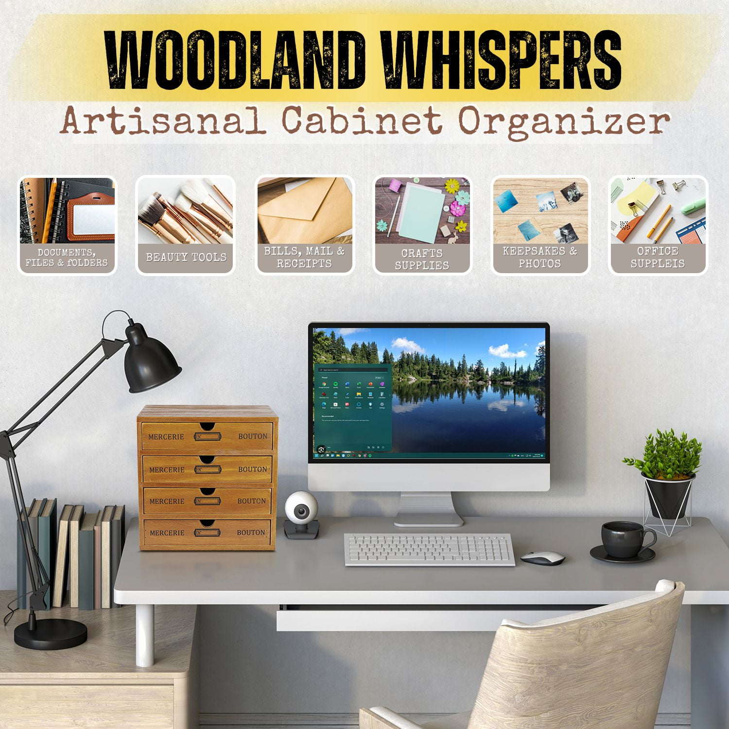 Wooden Desktop Office Supplies Organizer with 4 Storage Drawers Set, 4-Tier Wood Tabletop Cabinet, Countertop Desk Accessories Box, for Home Workspace Counter Vanity Decor Art Craft Tool Mail