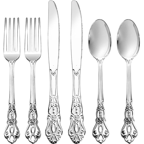 300Pieces Silver Plastic Silverware - Heavy Duty Silver Disposable Utensils - Vintage Plastic Cutlery Set Includes 100 Forks, 100 Spoons, 100 Knives for Dinner Parties Weddings