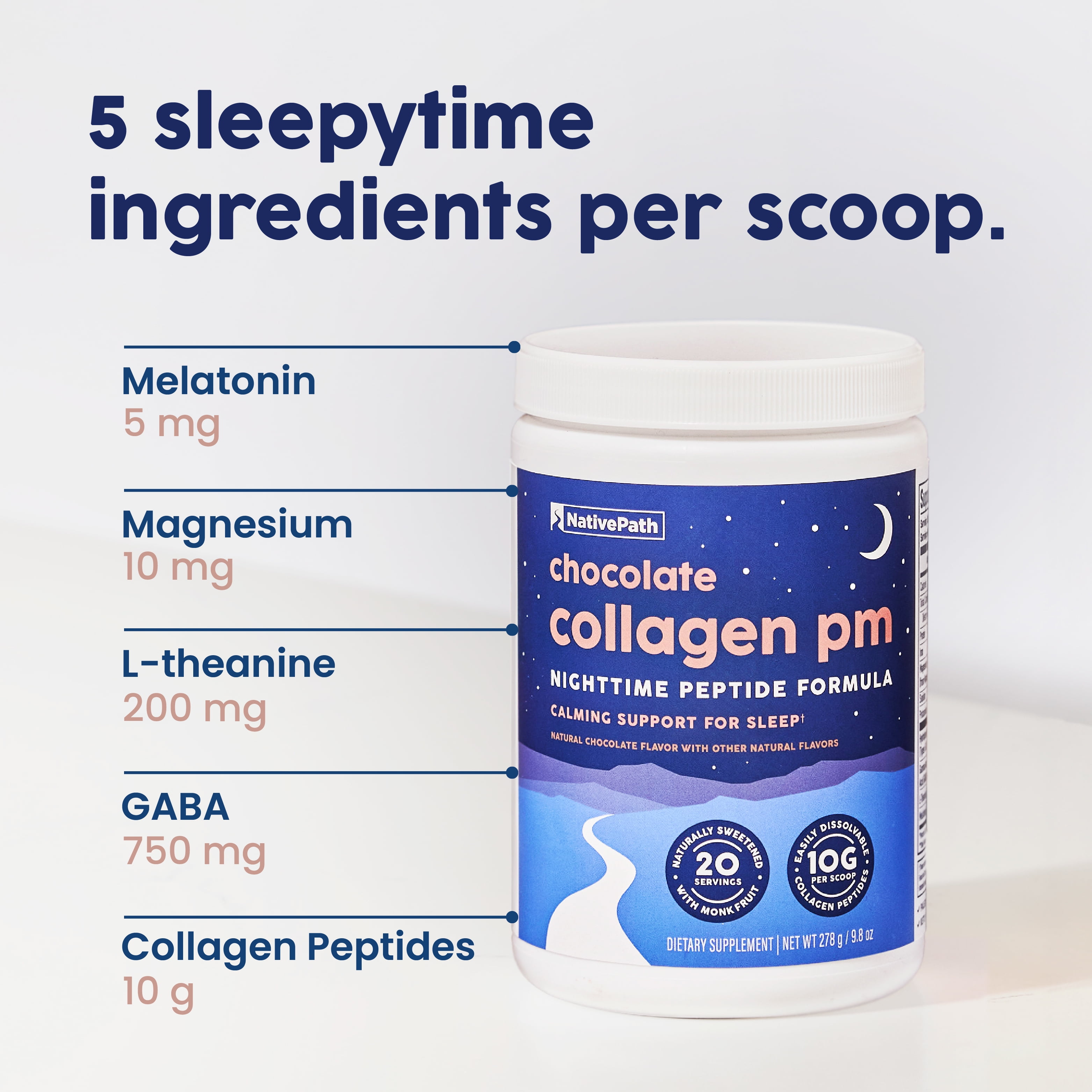 NativePath Collagen PM Chocolate, Sleep Support with Magnesium & Melatonin, 20 Servings
