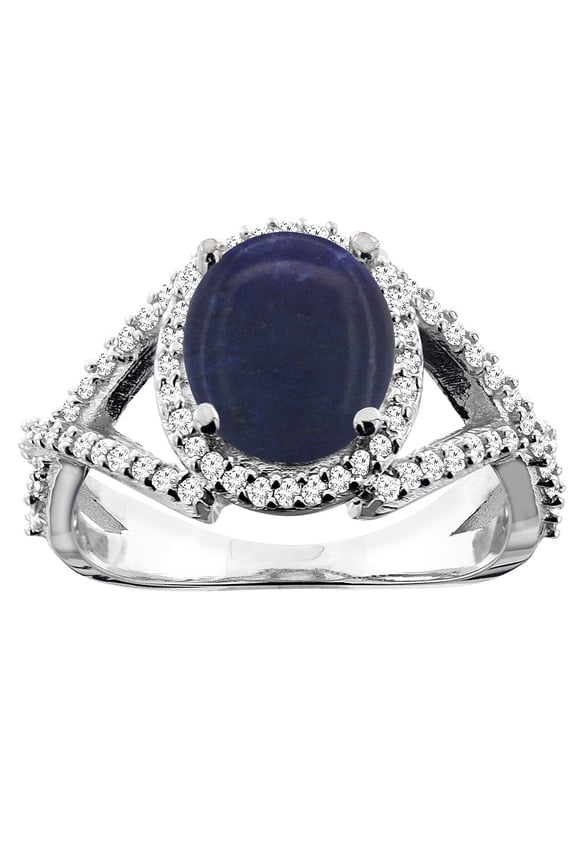 10K White Gold Natural Lapis Ring Oval 9x7mm Diamond Accent, size 9