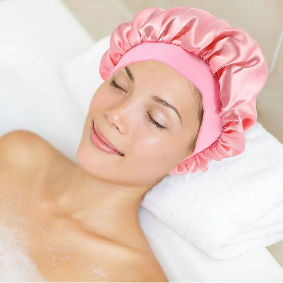 LOLIPPYY Comfortable Pink Satin Sleep Cap Wide Rim Night Sleeping Hat Protects Hair and Keeps Bed Clean