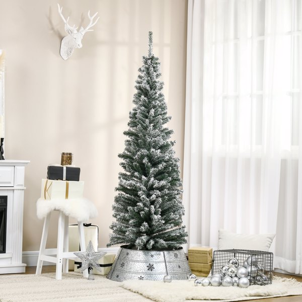 6ft Unlit Snow-Flocked Slim Artificial Christmas Tree with Realistic 492 Branches for Porch, Yard, Indoor, Party