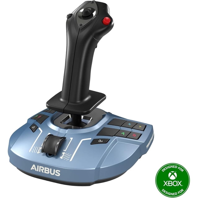 flight stick thrustmaster tca sidestick airbus x edition controlador sidestick ergonómico para Xbox y PC, vista frontal 3/4 con empuñadura negra vertical y botón rojo en la cabeza, base azul con logo AIRBUS, 21 botones táctiles con configuración Xbox (A/B/X/Y), rueda de ajuste frontal y cuatro módulos intercambiables en la parte superior de la base; también usado a menudo para simuladores de vuelo y entrenamiento virtual.