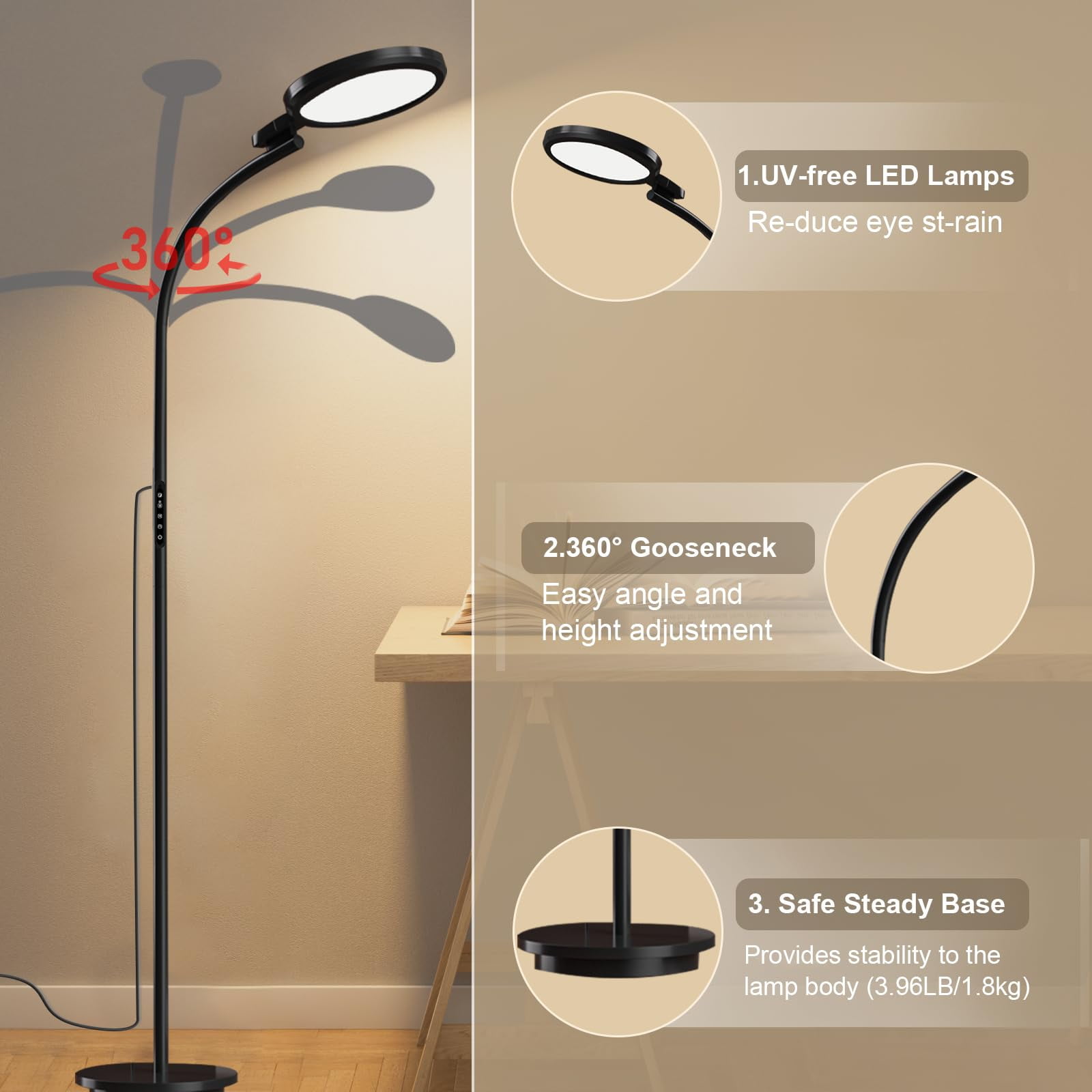 Sthmolepy Happy Lamp,1000LUX UV-Free Sun Lamp, Gooseneck 360° Adjustable Daylight, Suitable for Reading, Working, Relaxing