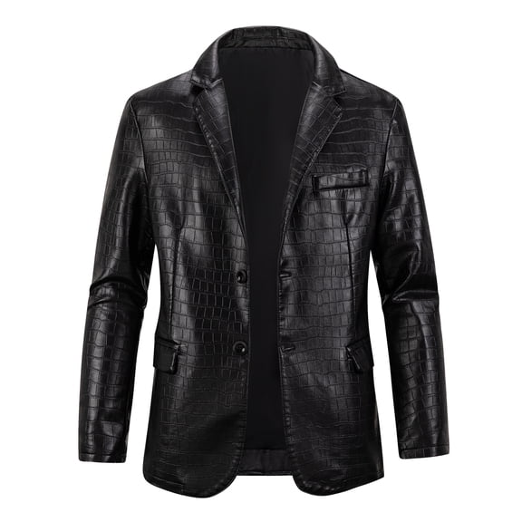 Men's Faux Leather Crocodile Pattern Jacket, Single Row Large Lapel Suit Style, Chest Pocket Decoration PU Leather Coat