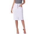 thumbnail image 1 of Falda de mezclilla midi A-line de mujer, con cintura alta, abertura frontal y stretch, XS blanca, 1 of 6